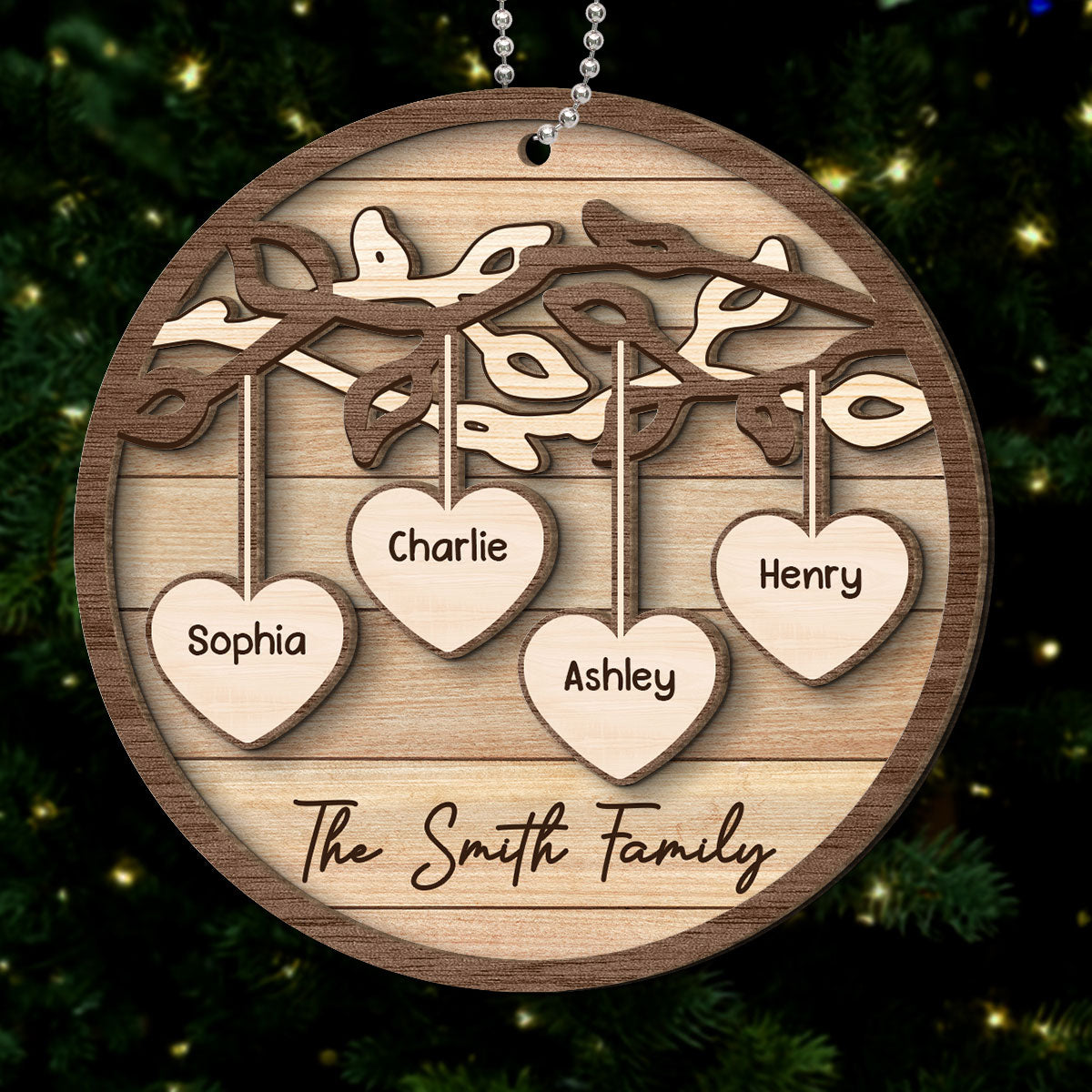 Family Tree Hanging Hearts Personalized 2-Layer Wooden Ornament, Christmas Gift For Family
