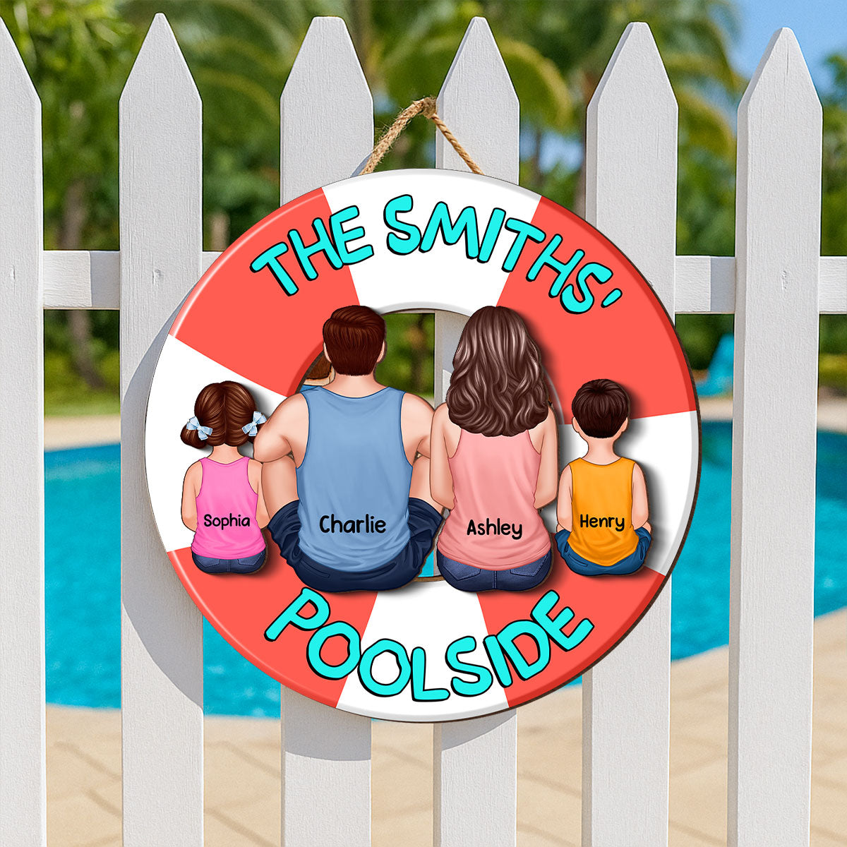 Family Sitting Back View Poolside Swimming Float Personalized 2-Layer Wood Sign