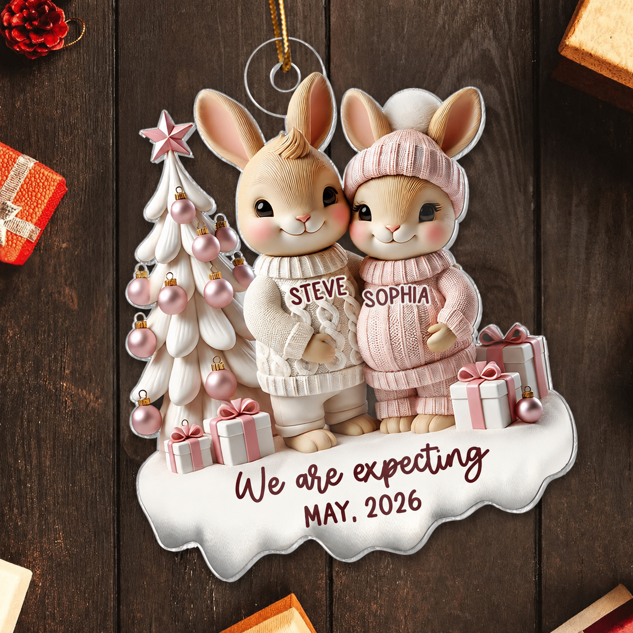 3D Effect Bunny Couple Pregnant Expecting New Baby Christmas Personalized Acrylic Ornament, Pregnancy Announcement Keepsake