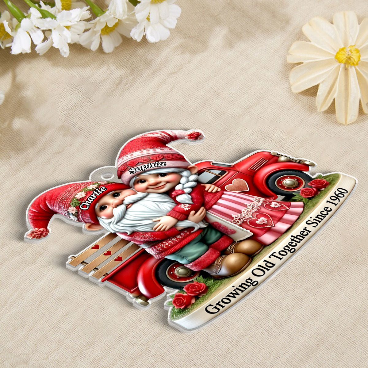 3D Effect Gnome Old Couple And  Truck Personalized Car Hanger Ornament,  Gift For Couple, For Him, For Her, Husband, Wife