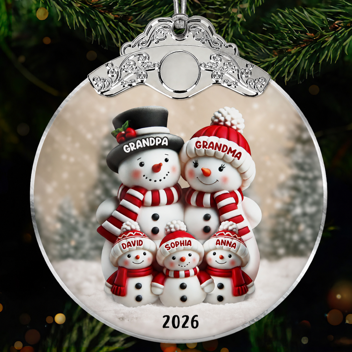 3D Effect Cute Snowman - Personalized Glass Ornament With Silver Cap - Christmas Decor For Family, Grandma, Grandpa