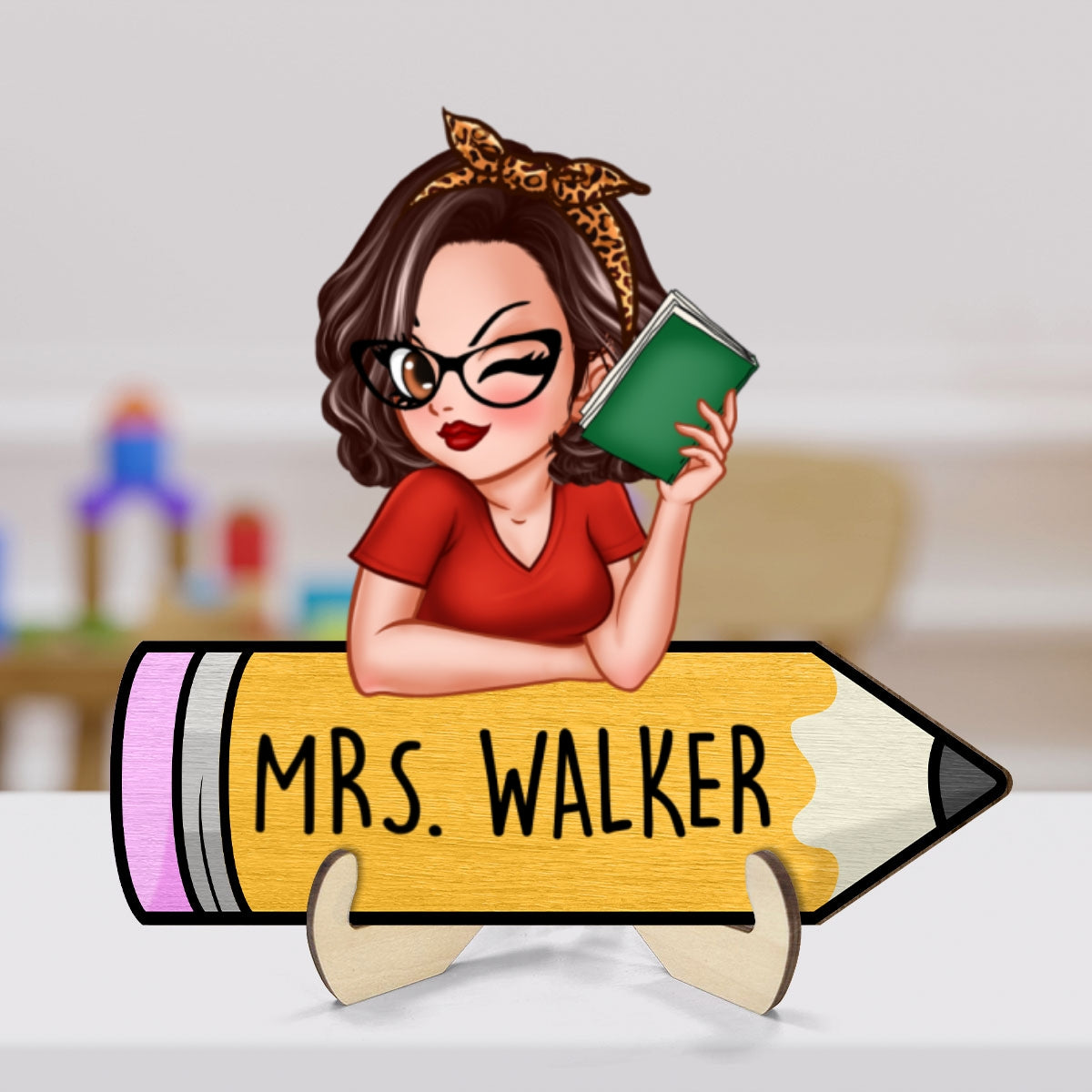 Doll Teacher Reading Books Personalized 2-Layer Wooden Plaque, Back To School Gift For Teacher, Teacher Appreciation Gift