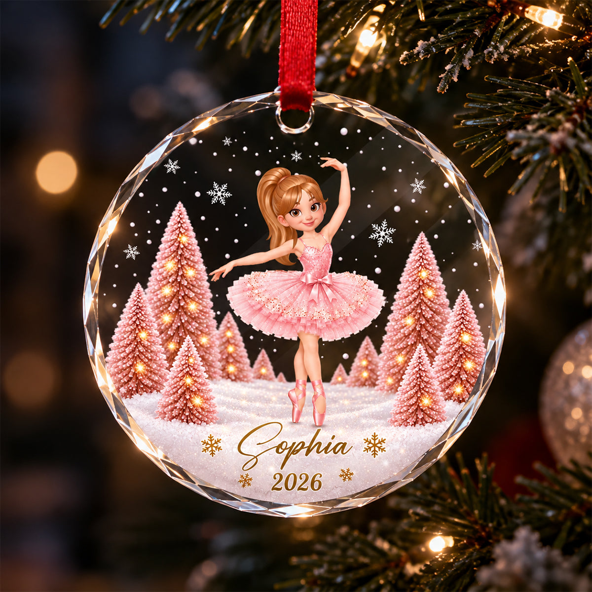 Pink Ballerina 2D Flat - Personalized Glass Ornament – Christmas Gift for Daughter, Granddaughter & Young Dancers