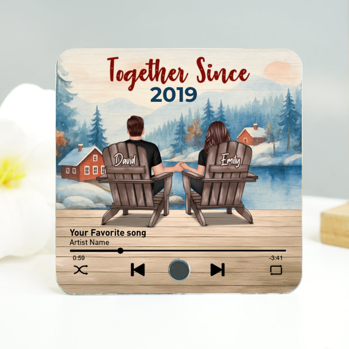 Peaceful Lakeside Forest Scene Couple Sitting Back View Personalized Music Magnet