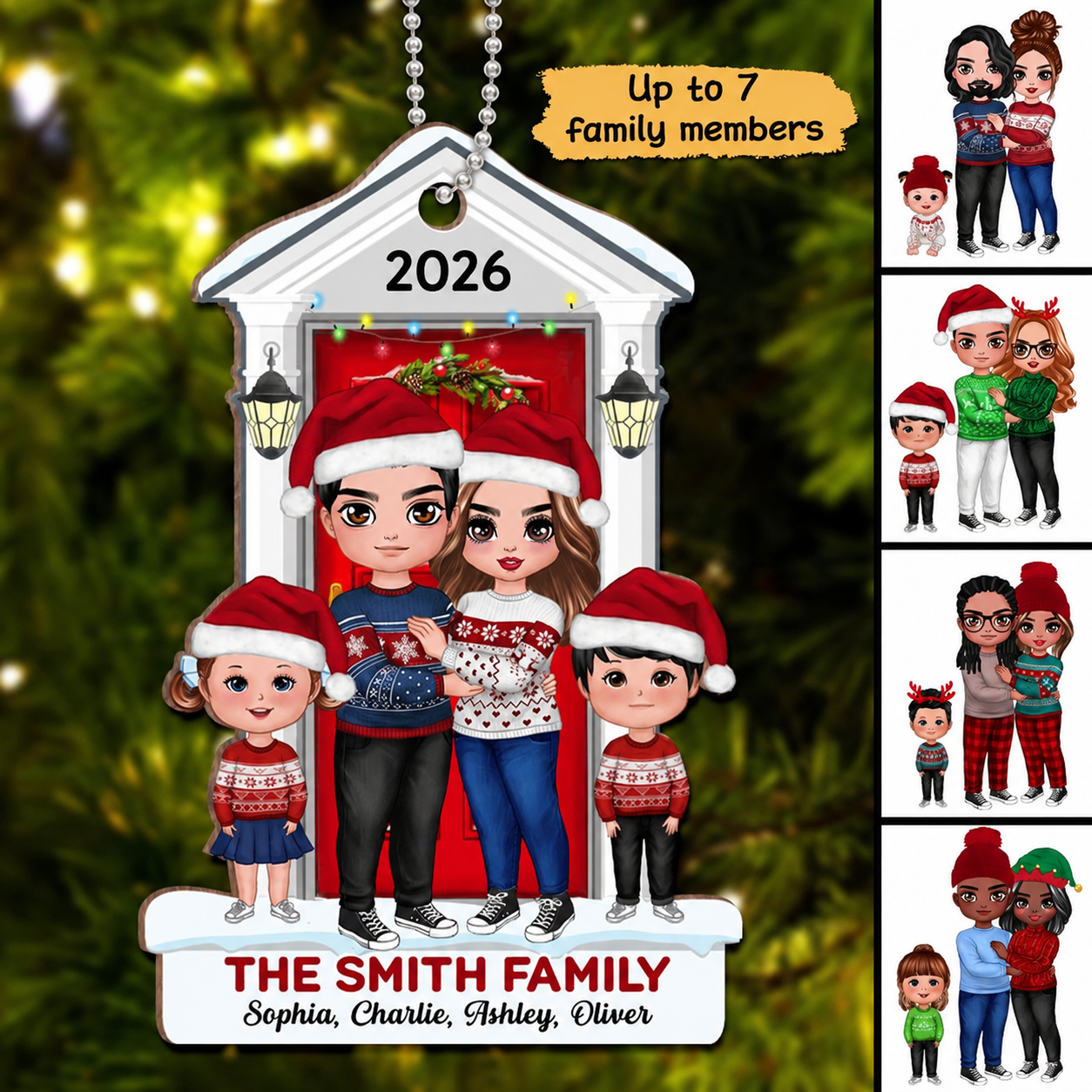 Doll Family Standing On The Front Porch Christmas Personalized Wooden Ornament