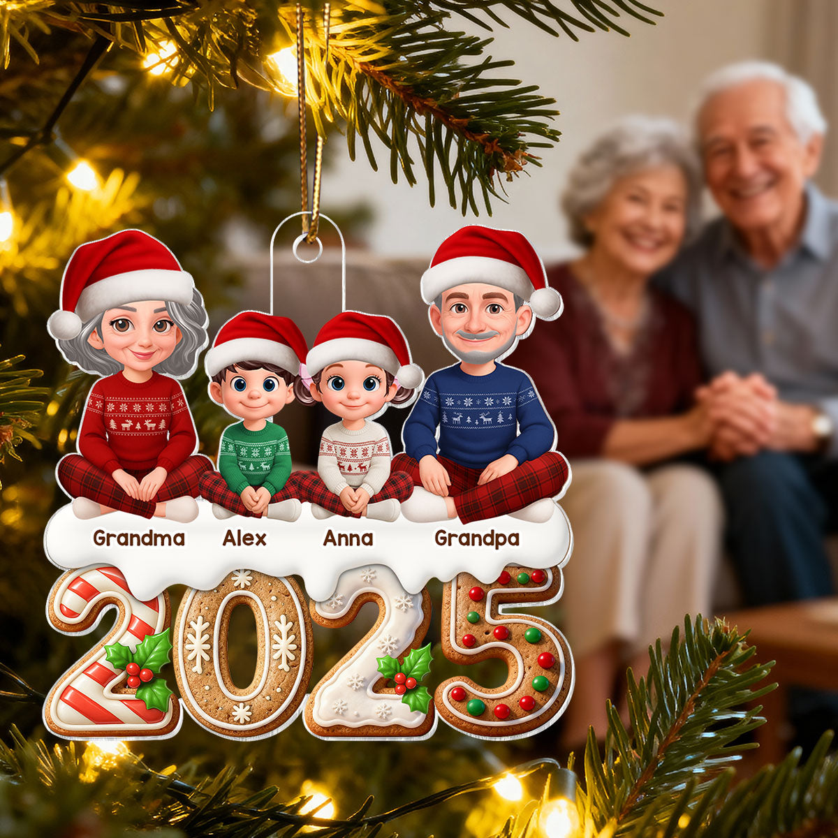 3D Effect Gingerbread Pattern Beautiful Grandma Grandpa Grandkids Together Christmas - Personalized Acrylic Ornament