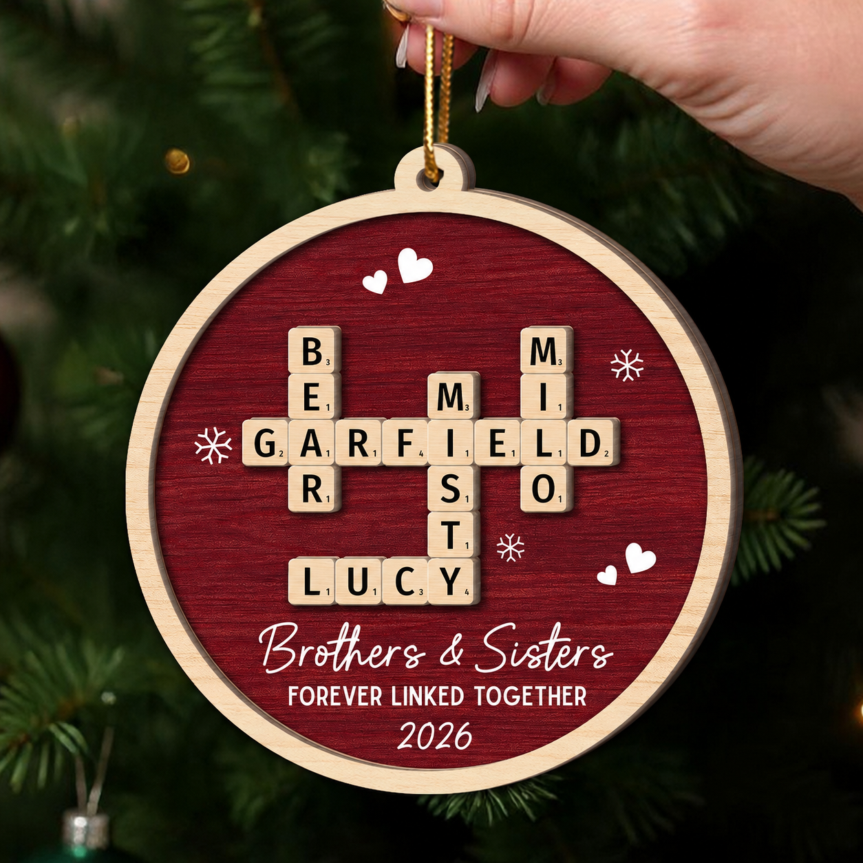 Siblings Forever Linked Together Crossword Puzzle Art - Personalized 2-Layer Wooden Ornament