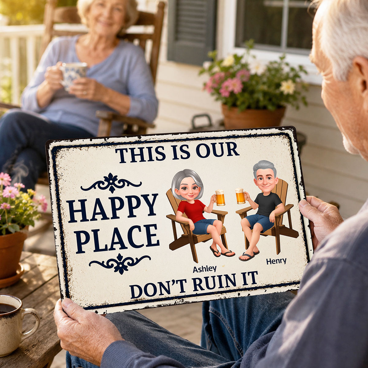 Couple This Is Our Happy Place - Personalized Metal Sign - Funny Sarcasm Decoration For Patio, Garden, Farmhouse Porch, Man Cave, Garage
