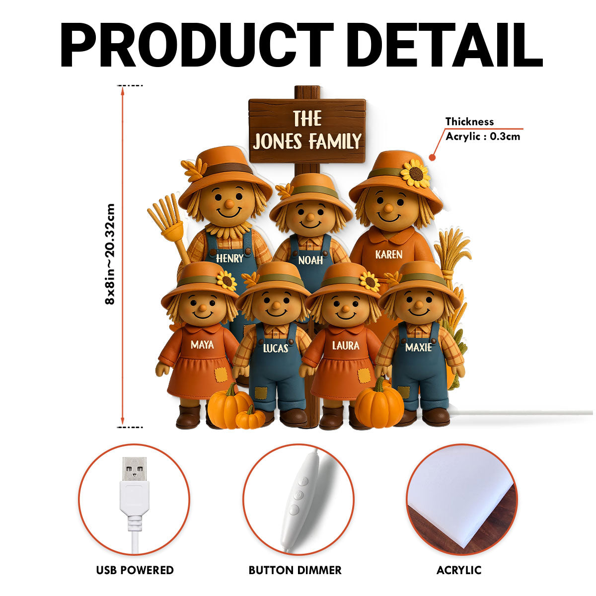 Fall Season Scarecrow Family 3D Effect Personalized Light Box