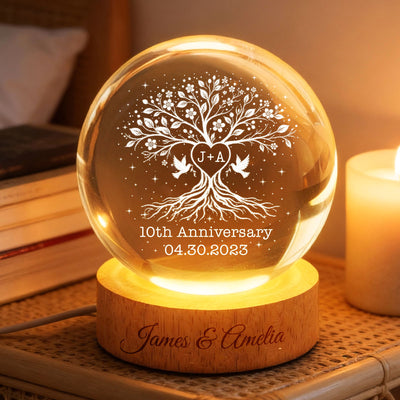 Wedding Anniversary Tree of Life - Personalized Crystal Ball LED Night Light - Heartfelt Gift for Her, Gift for Him