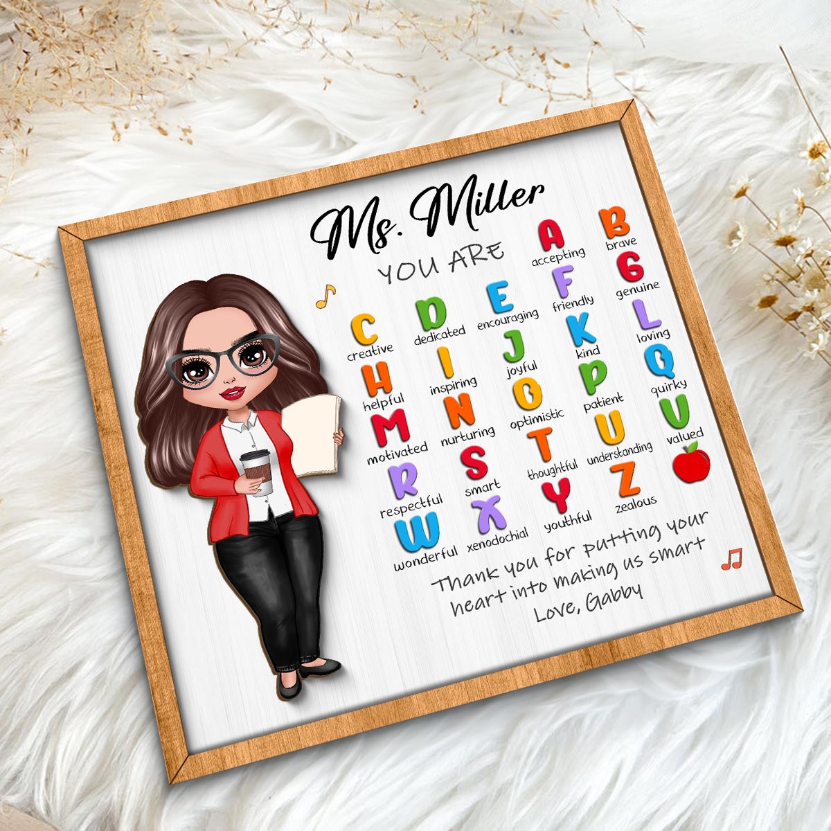 Teacher Appreciation Gift Thank You Alphabet Characteristics Doll Teacher Personalized 2-Layer Wooden Plaque