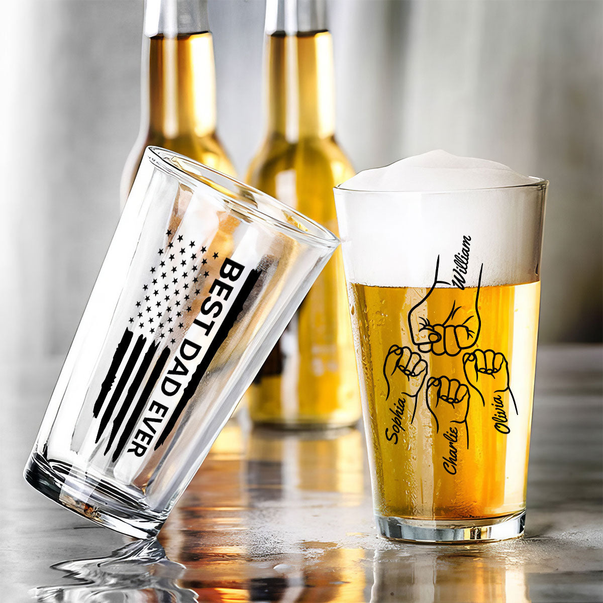 Best Dad Papa Grandpa Ever Fist Bump Outline Nation Flag Personalized Beer Glass