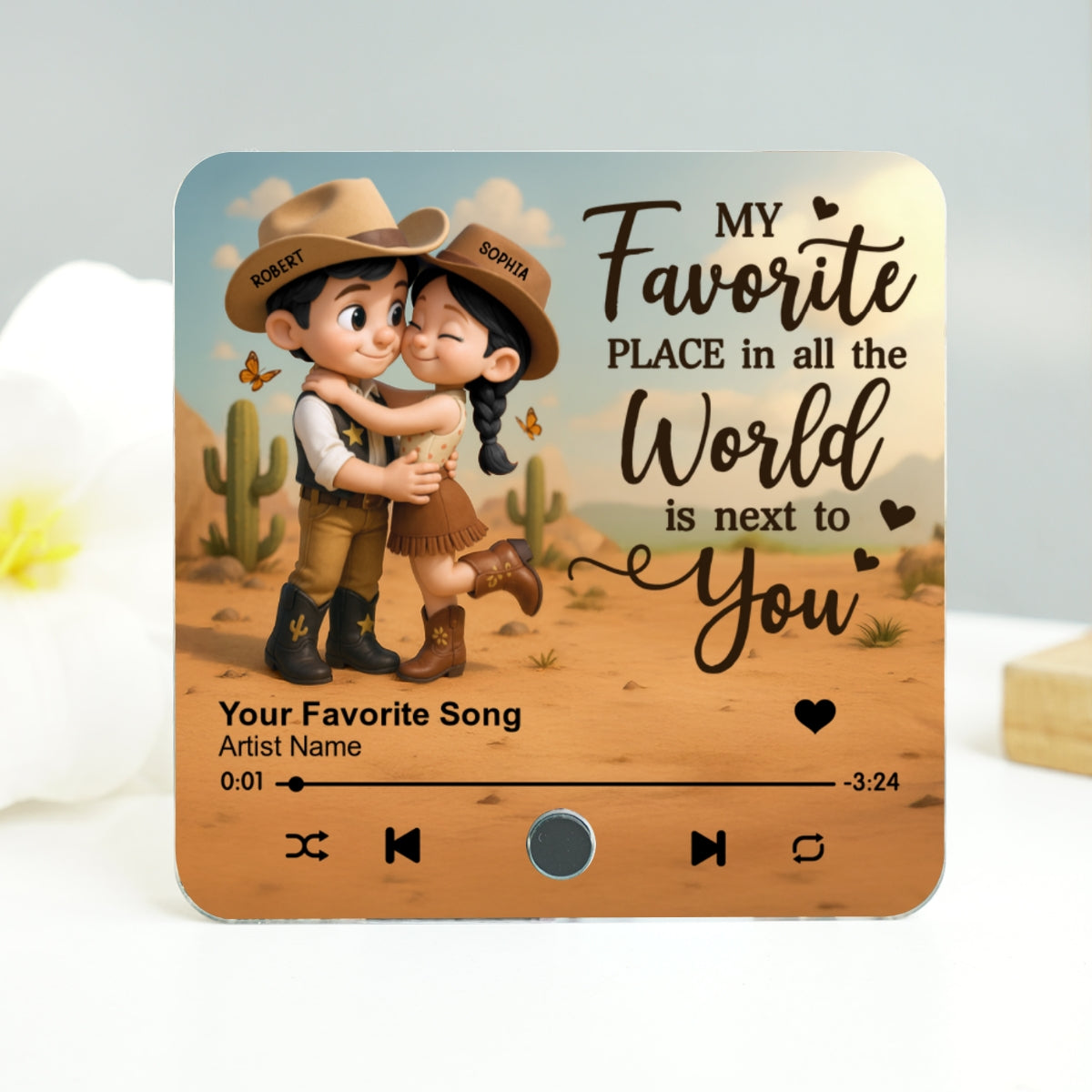 Favorite Place Is Next To You Cartoon Style Countryside Couple Cowboy Cowgirl Personalized Music Fridge Magnet