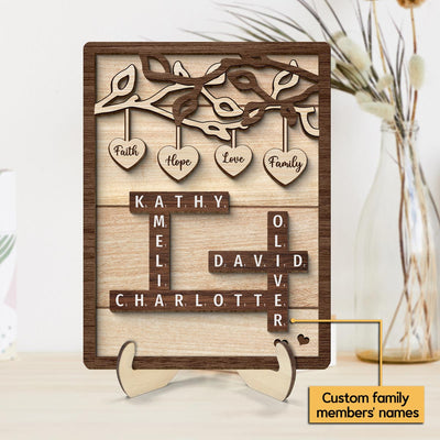 Personalized Wooden Family Tree Sign, Crossword Art Puzzle 2-Layered Wooden Plaque