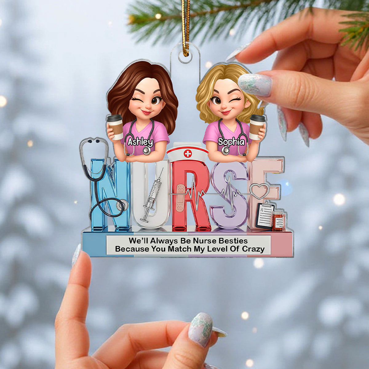 Personalized 3D Effect Nurse Besties Medical Icons Personalized Acrylic Ornament