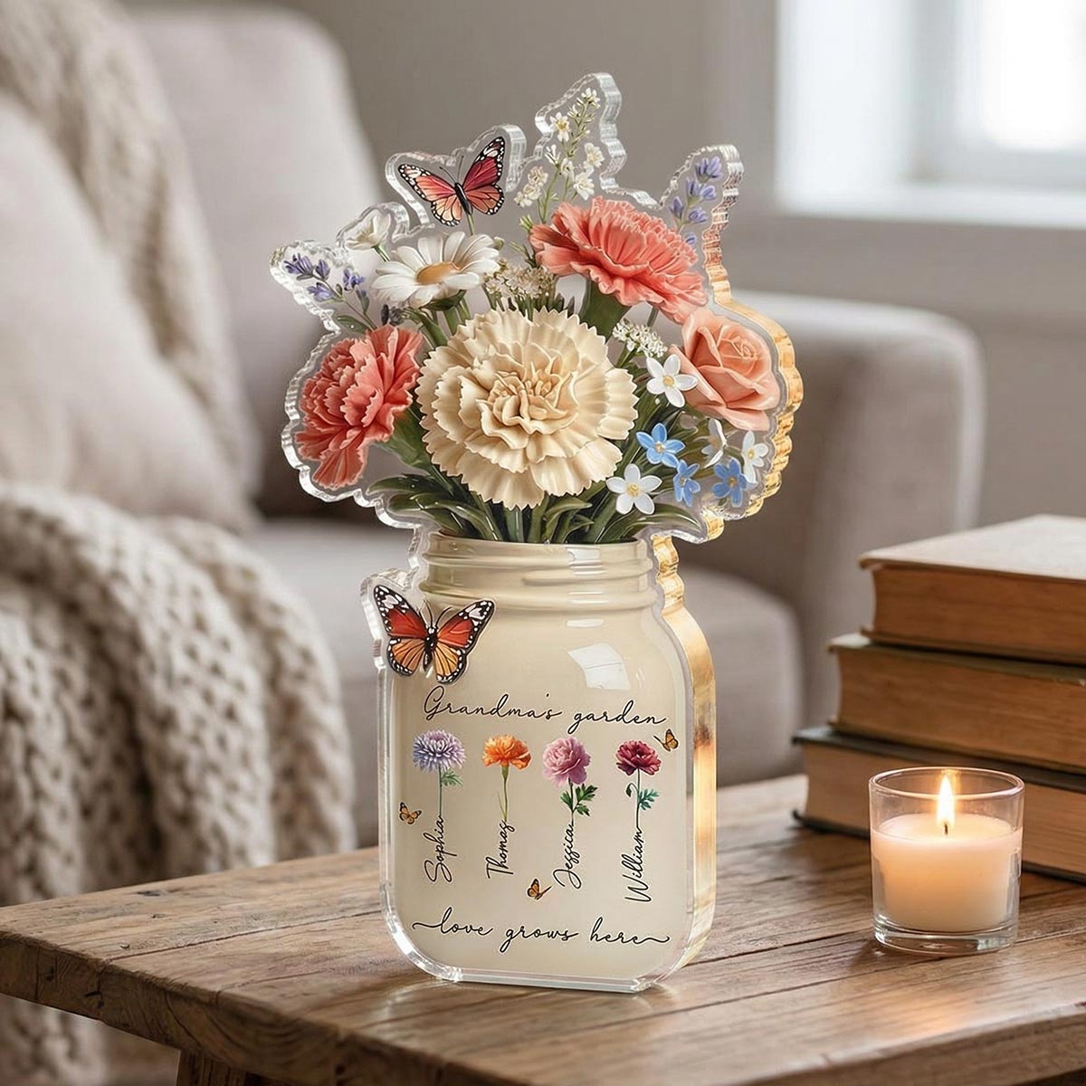Grandma's Garden Flower Jars Birth Flowers 2D Flat - Personalized Acrylic Block Plaque - Mother's Day Gift For Grandma