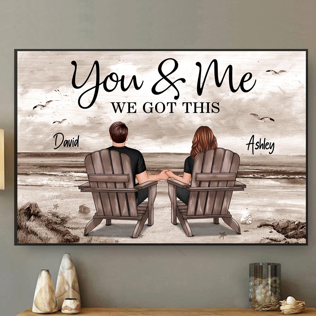 Couple Beach Landscape Retro Vintage - Personalized Poster - Anniversary Gift For Couple, For Dad Mom