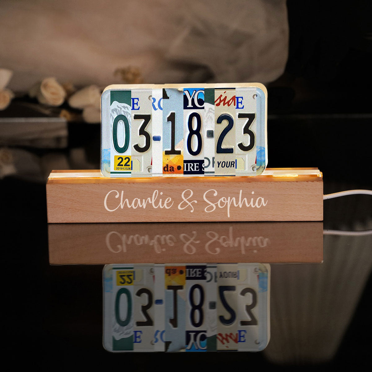 Couple License Plate Personalized Acrylic Block LED Night Light, Anniversary Date, Wedding Date, Valentines Day Gift for Couples, for Him, for Her