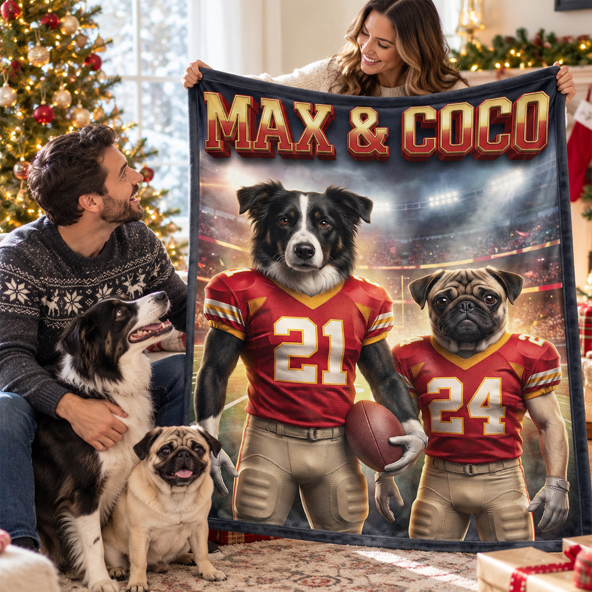 Custom Football Dog Cat Portrait from Photo - Personalized Fleece Blanket - Christmas Gift for Pet Lovers