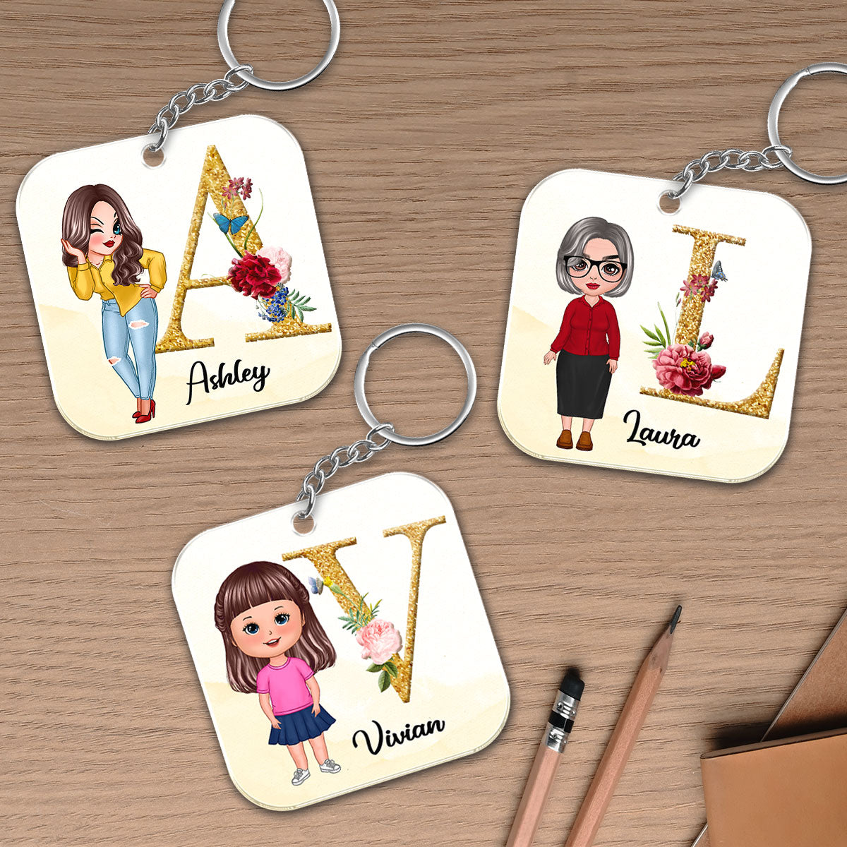 Pretty Girl Doll Woman Birthday Calendar Date Initial & Name Personalized Acrylic Keychain
