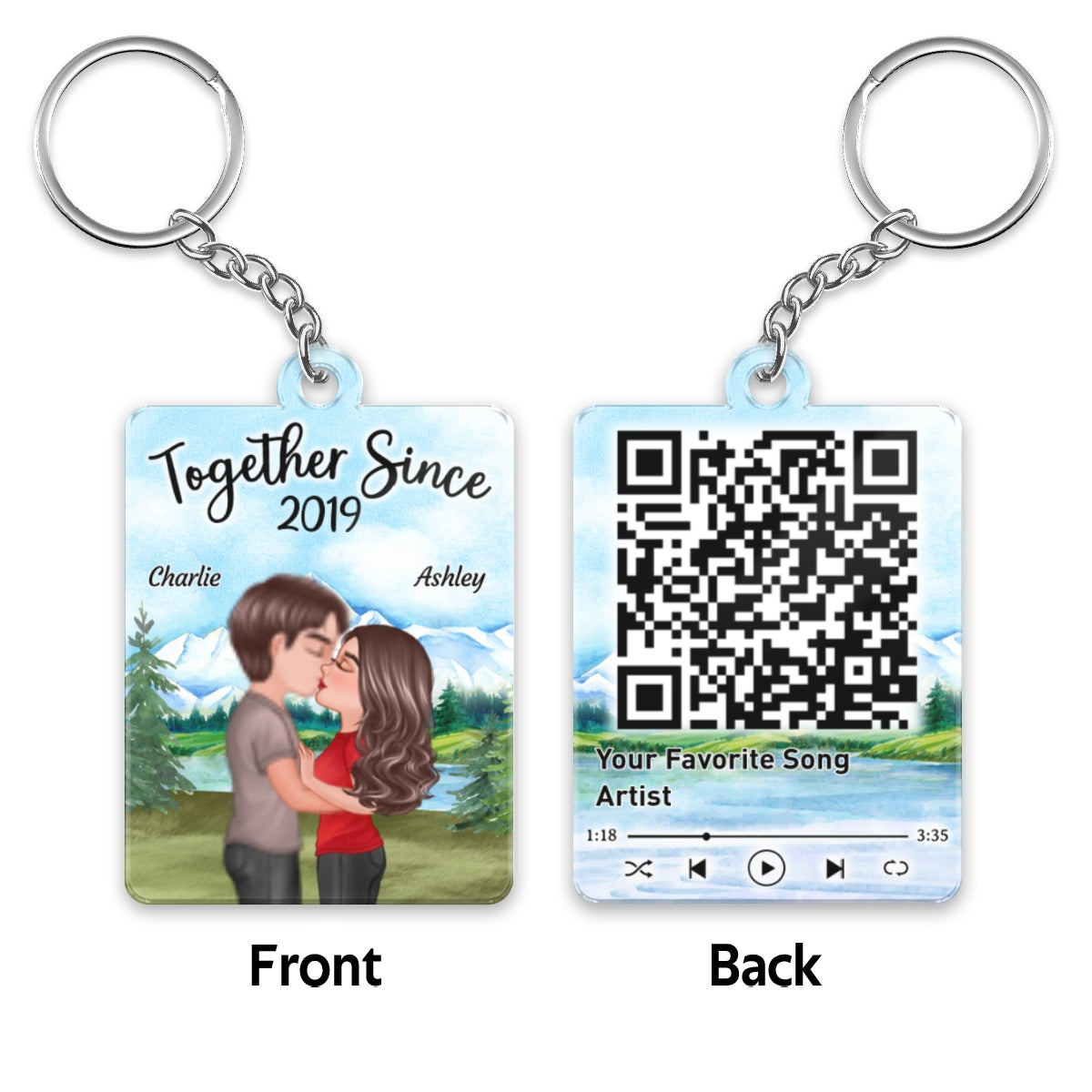 Mountain And Lake Doll Couple Kissing Favorite Song Scannable QR Code Personalized Acrylic Keychain