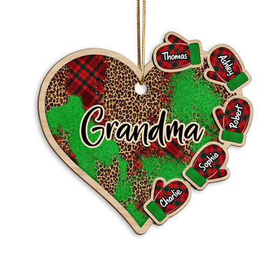 Grandma Grandkids Christmas Gloves Checkered Heart Personalized Wooden Ornament