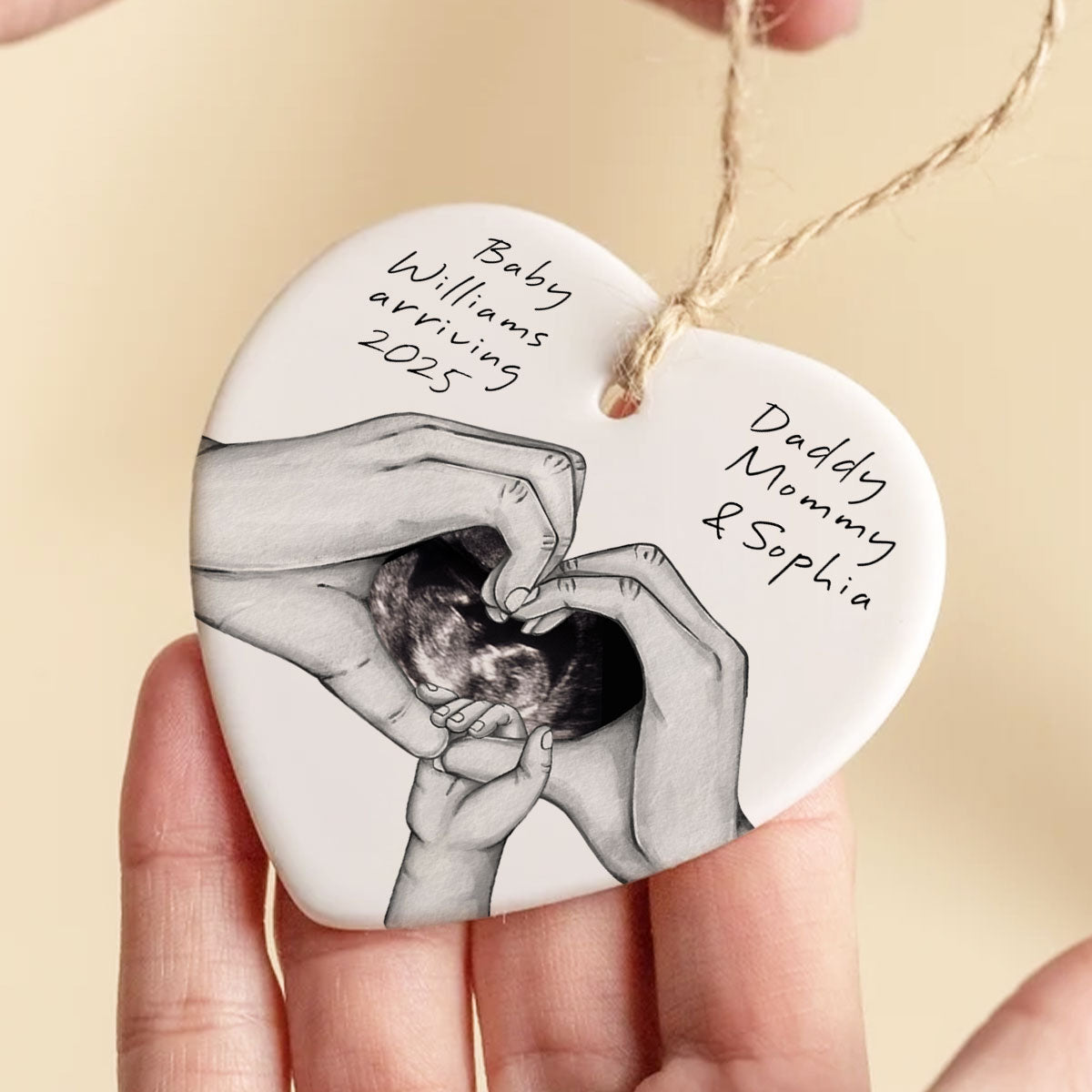 Pregnancy Baby Bump Christmas Tree Decoration, Last Christmas as a Family of 3, Baby Scan Photo Ceramic Ornament, Baby Arriving Next Year