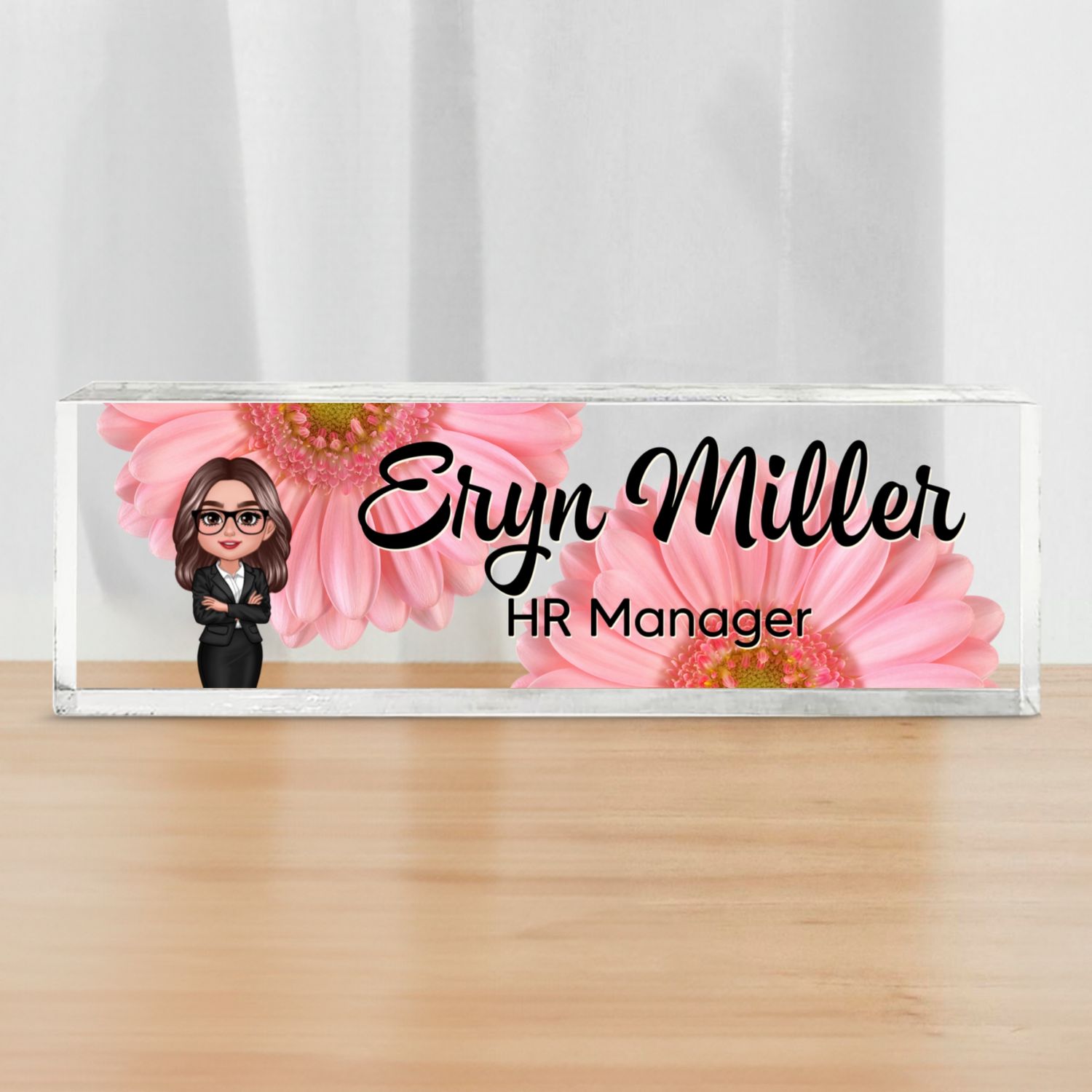 Daisy Flowers Woman Man Office - Personalized Acrylic Desk Name Plate - Gift For Colleagues, Coworkers, Boss