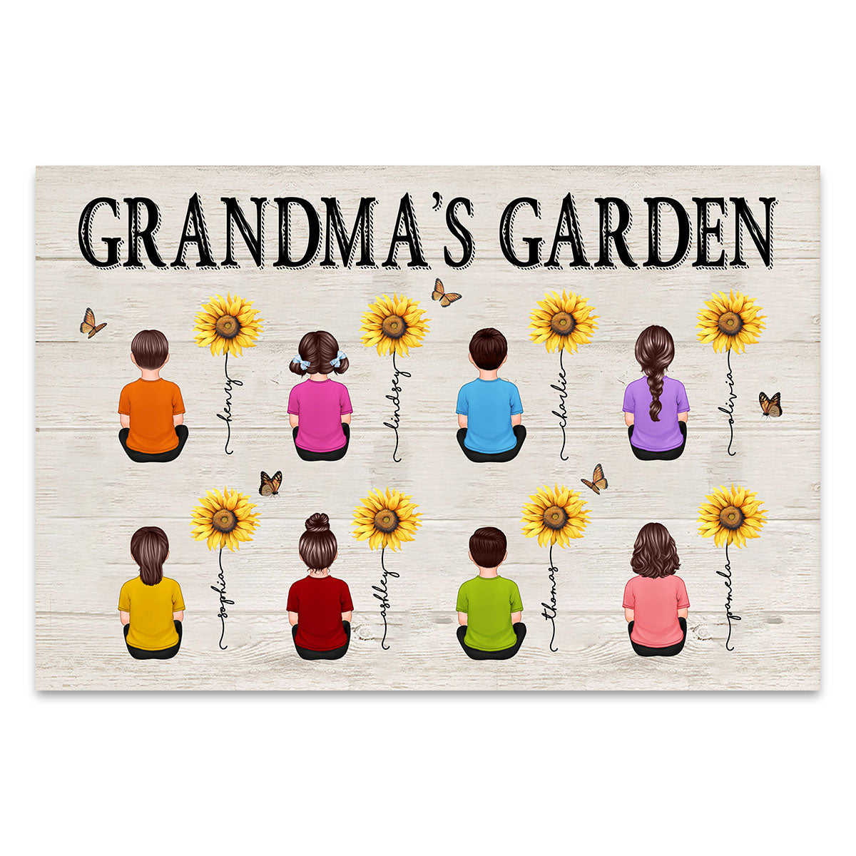 Grandkids Sitting Grandma Garden Sunflower Personalized Horizontal Poster