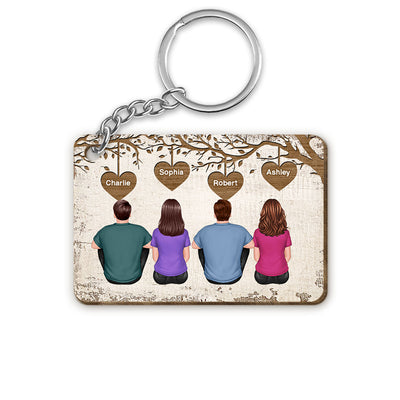 Family Grandma Grandpa Dad Mom Kids Dogs Cats Sitting Under Tree Personalized Wooden Keychain