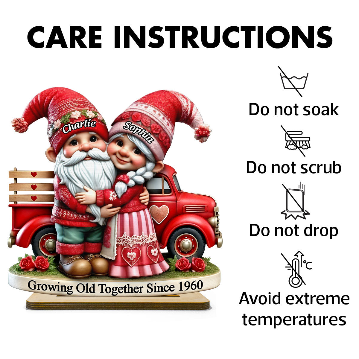 3D Effect Gnome Couple  Truck Personalized 2-Layer Standing Wooden Plaque, Heartfelt Gift For Her, For Wife