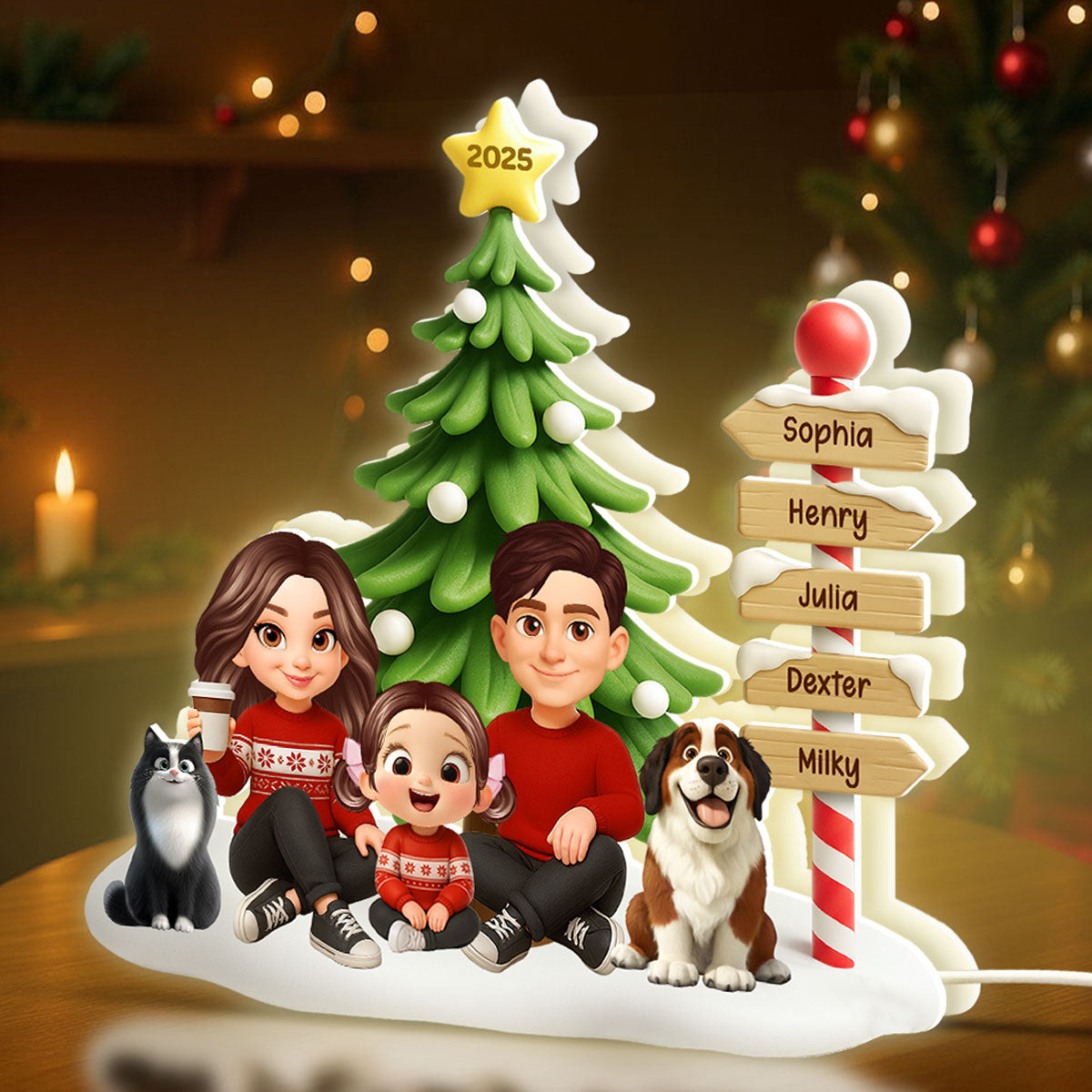 Family Sitting Christmas Directional Signpost - Personalized Light Box - Festive Christmas Decor, Christmas Gift for her, Gift for him
