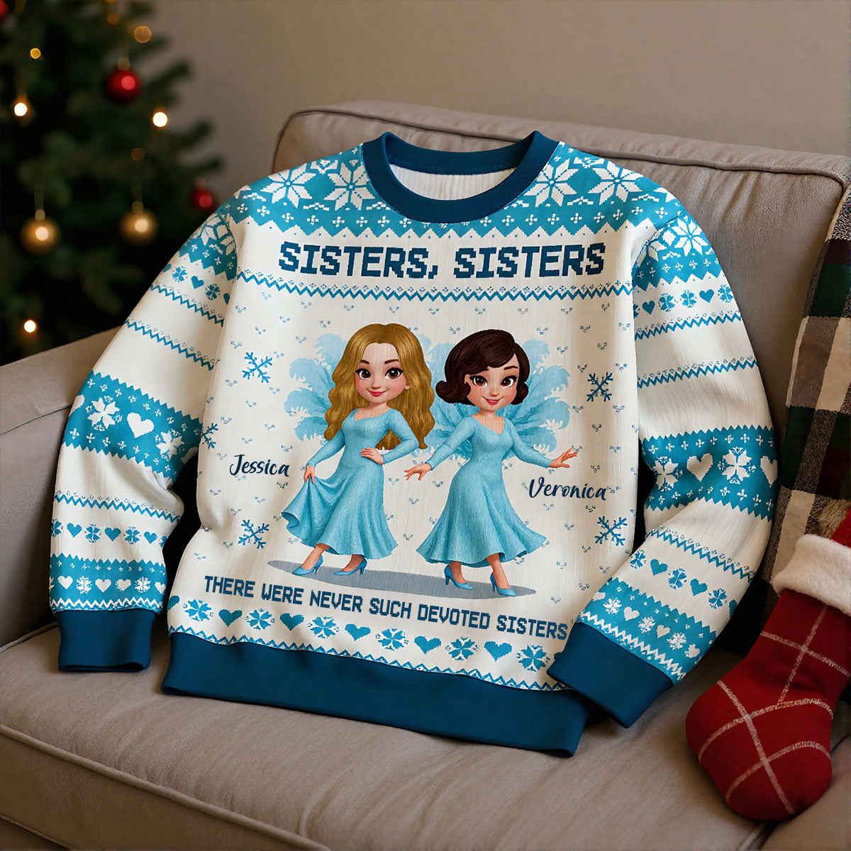 Sisters Sisters Besties in Blue Dresses Personalized Faux Knitting Ugly Sweater, Christmas Matching Costume For Sisters, Best Friends