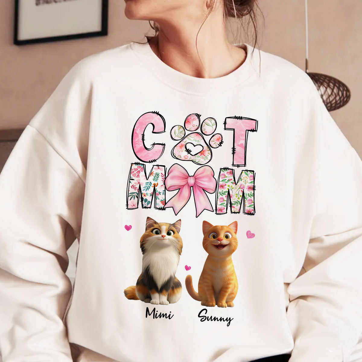 Cat Mom Pink Coquette Personalized Shirt, Cartoon Cute Cat, Gift for Cat Moms