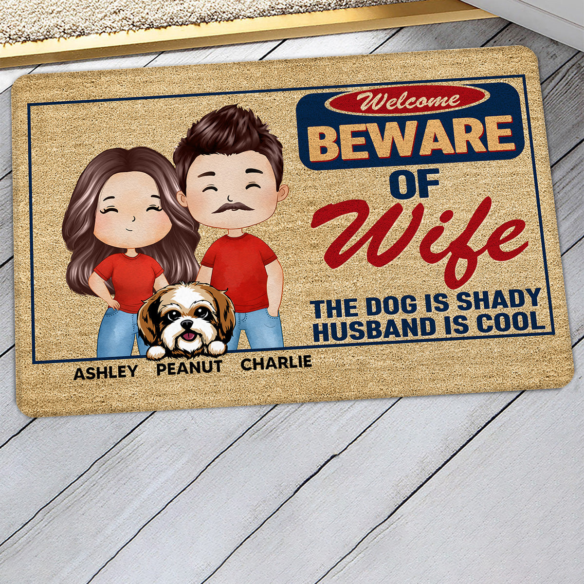 Beware Of Wife Dogs Are Shady Husband Is Cool Watercolor Couple Personalized Doormat
