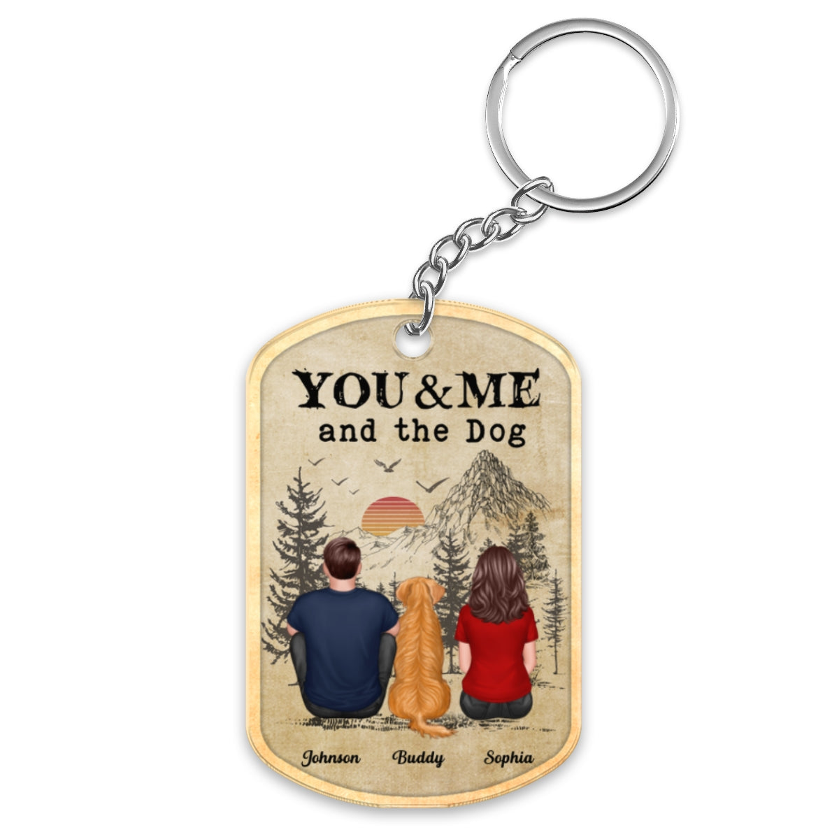 Back View Couple You Me And The Dogs Cats Vintage Sunset Personalized Acrylic Keychain