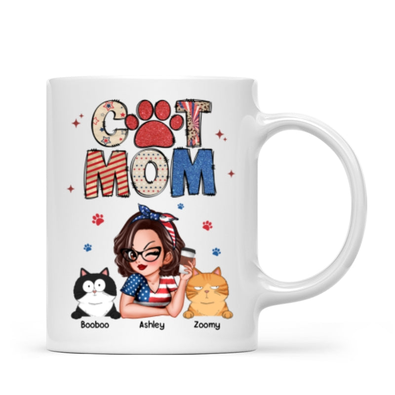 Cat Mom 4th of July America Sparkly Pattern Personalized Mug, Independence Day