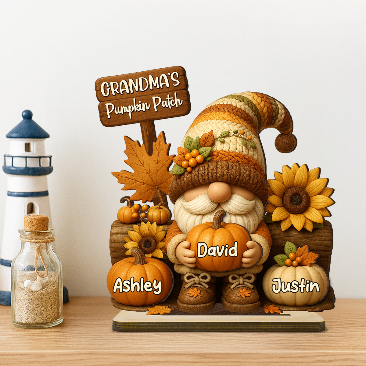 Gnome Grandma's Pumpkin Patch Personalized Standing Wooden Plaque, Fall Decor for Grandma