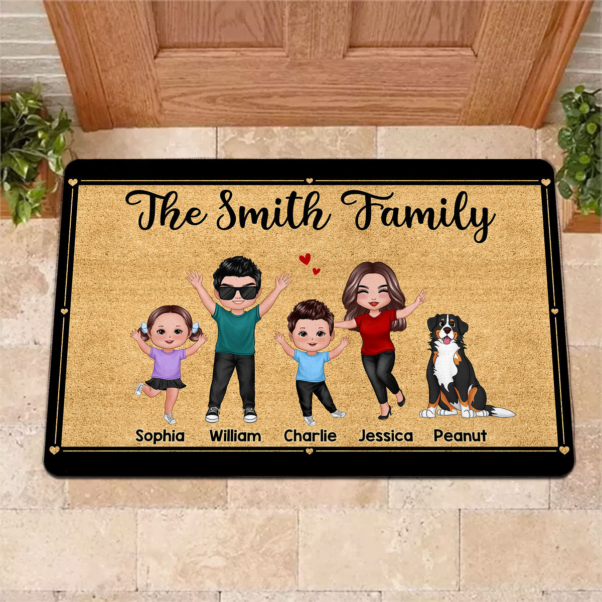 Happy Whole Family Doll Couple Dad Mom Kids Dogs Cats Personalized Doormat