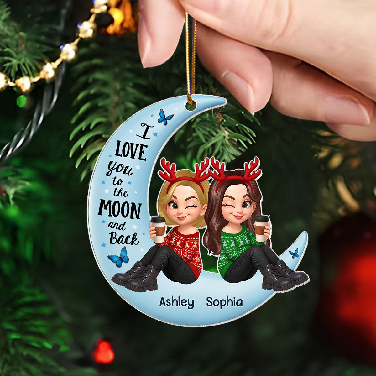Christmas Besties Sisters Sitting On Moon 3D Effect Personalized Acrylic Ornament