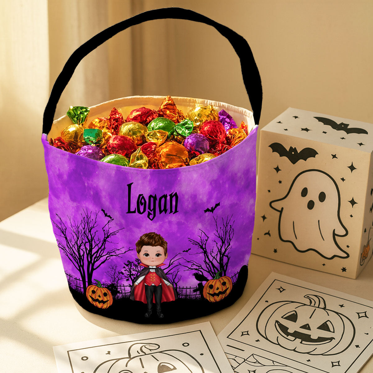 Halloween Character Moon Bat Tree Personalized Trick Or Treat Basket, Halloween Gift For Kids