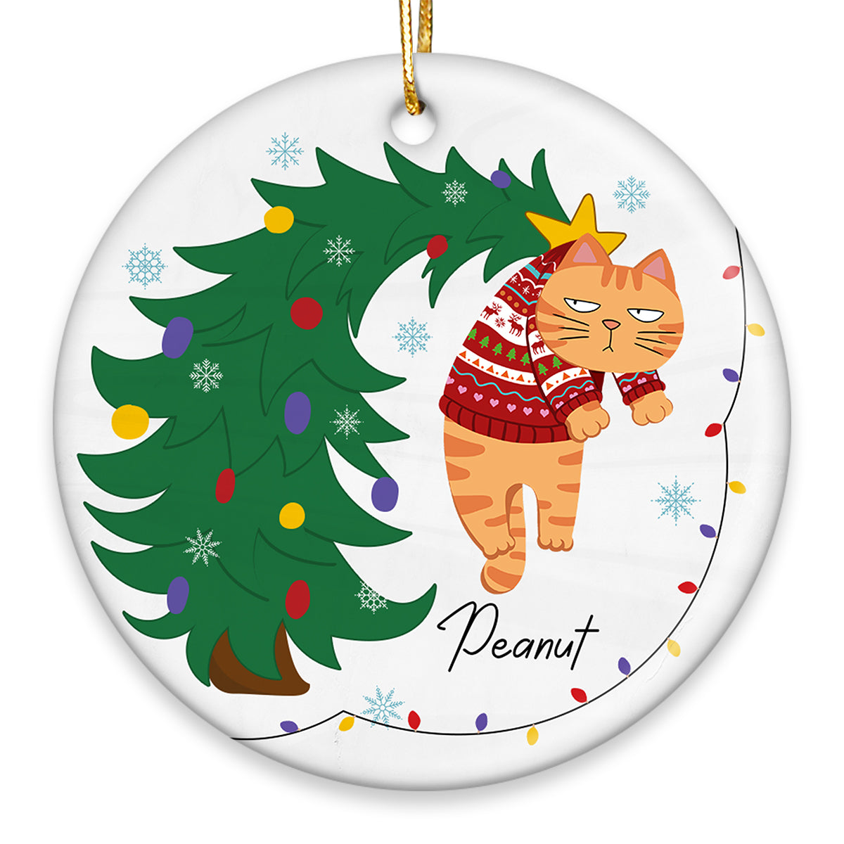 Naughty Cat Hanging On Christmas Tree Personalized Ceramic Ornament, Gift For Cat Lover