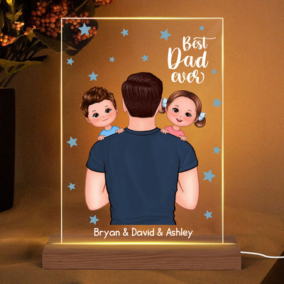 Best Dad Ever Holding Kids Blue Star Personalized Acrylic LED Night Light