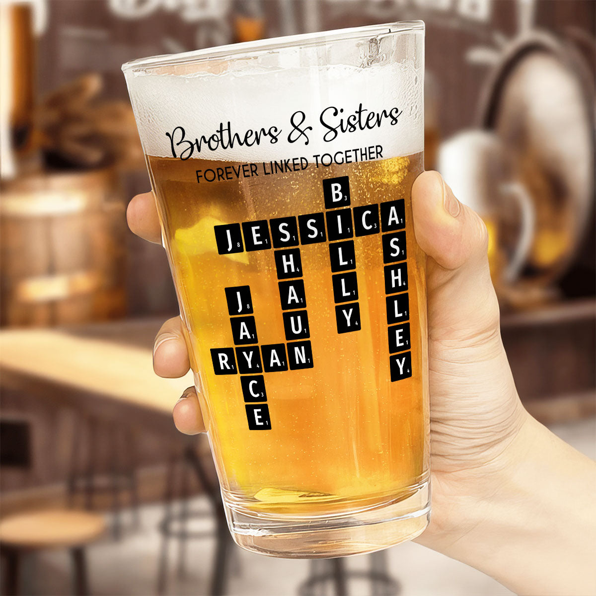 Brothers & Sisters Forever Linked Together Crossword Puzzle Art Personalized Beer Glass, Gift For Brothers, Sisters, Siblings, Family