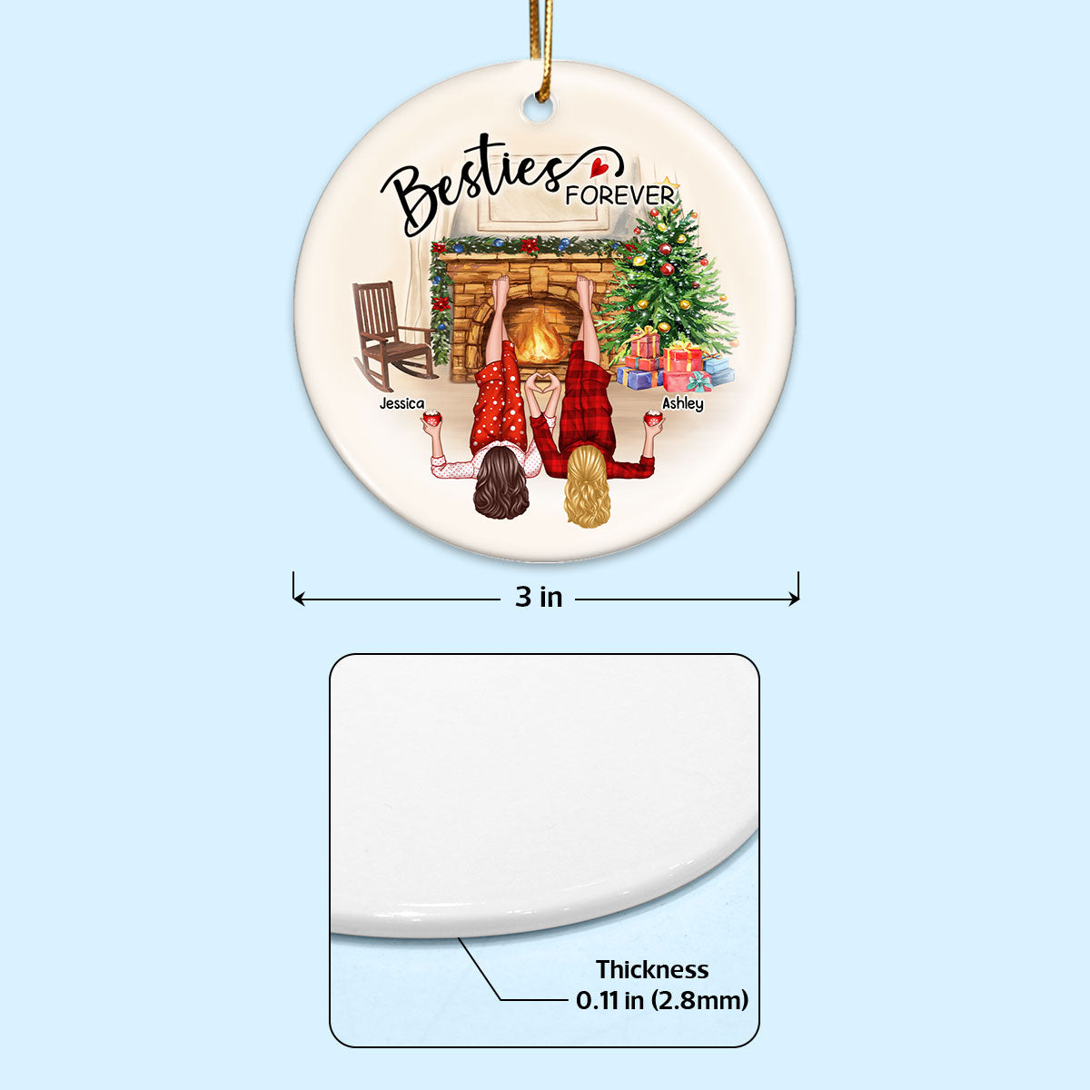 Sisters Besties By The Fireplace Personalized Ceramic Ornament, Christmas Gift for Besties, Sisters