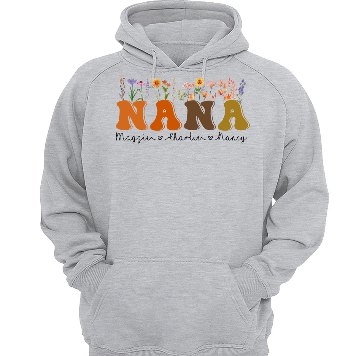 Fall Autumn Flowers Leaves On Text Grandma Mom Personalized Shirt