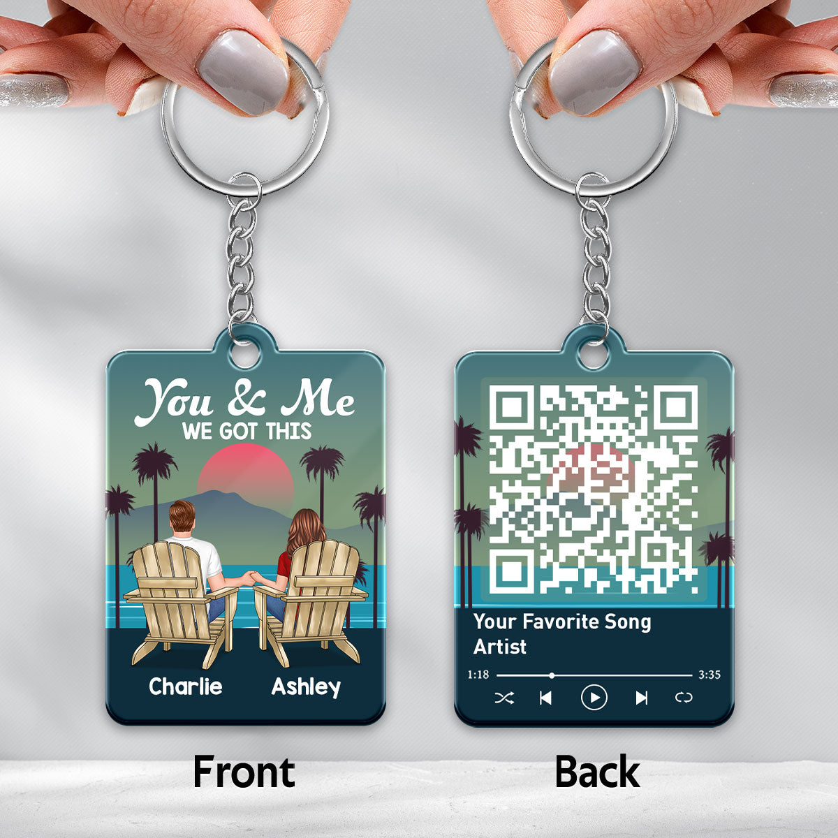 Retro Back View Couple Sitting Favorite Song QR Code Personalized Acrylic Keychain