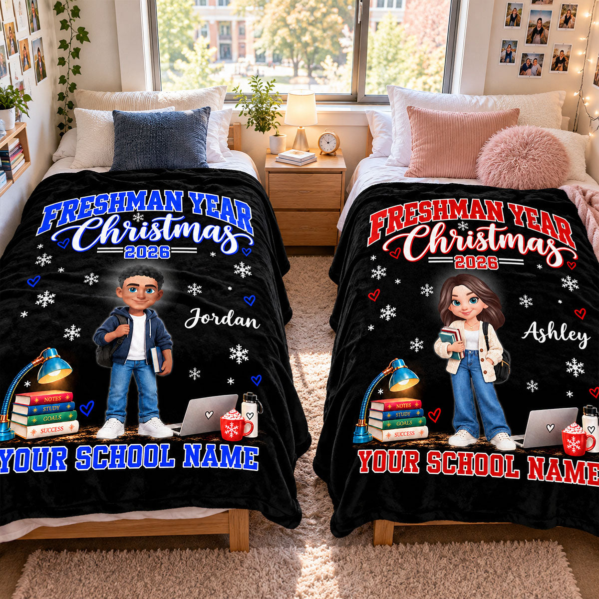 Freshman Year Christmas Custom Name & School Name - Personalized Fleece Blanket - Christmas Gift For College Freshman, Boy, Girl, Grandkids, College Students