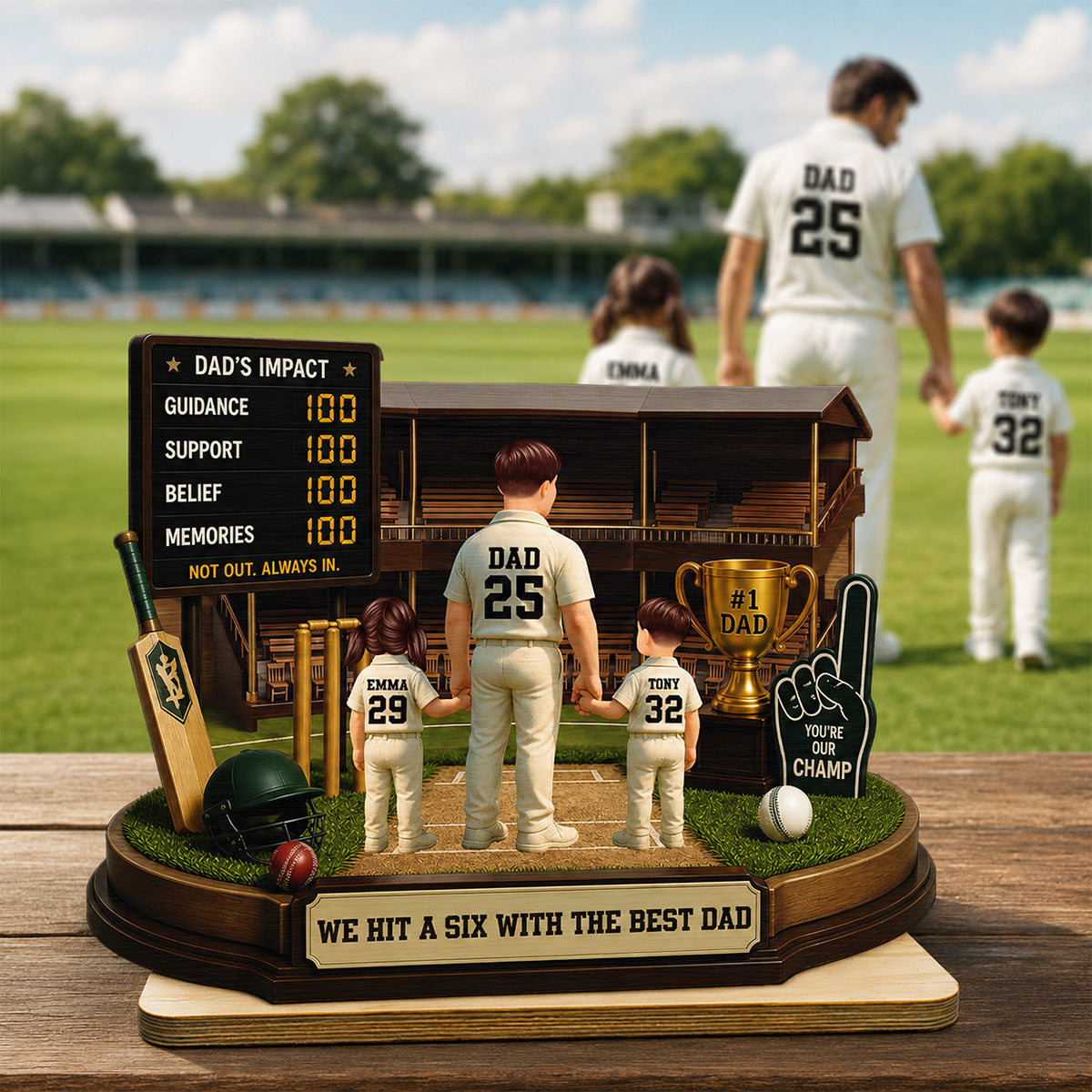 Hit A Six With The Best Dad Cricket Dad - Personalised 2-Layered Wooden Plaque - Father's Day Gift For Husband, Dad