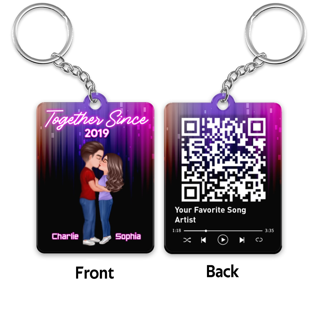 Neon Light Doll Couple Kissing Favorite Song QR Code Personalized Acrylic Keychain